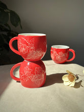 Load image into Gallery viewer, Red hand carved cherry blossom mug
